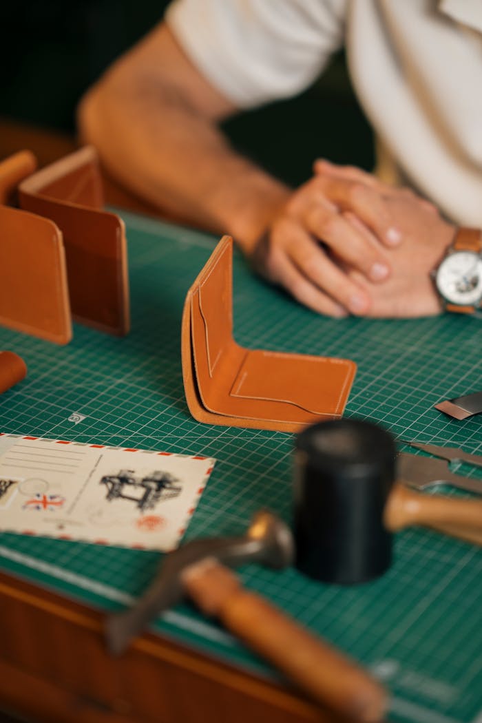 Close-up of a craftsman working on leather wallets at a green cutting mat with tools.