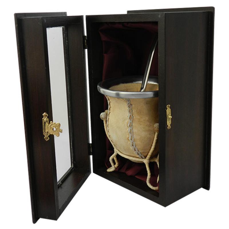 Mate De Vuelo De Calabaza Recubierto en Cuero Crudo (MAT018) Bombilla Acero Inox Chata (BOM230) Con Caja Fina - Imagen 2