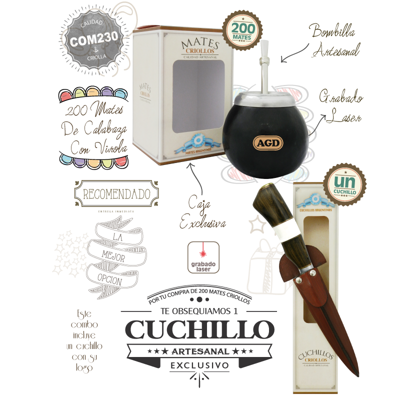 Combo (200 Mates Grabados C/Bombilla/Caja) + Un Cuchillo De Regalo