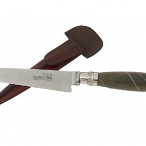 Cuchillo Hoja Acero Inox. Schmieden 14 Cm Encabado En Madera Palo Santo Con Copas y Alambre Doble En Alpaca y Vaina De Cuero Vaqueta