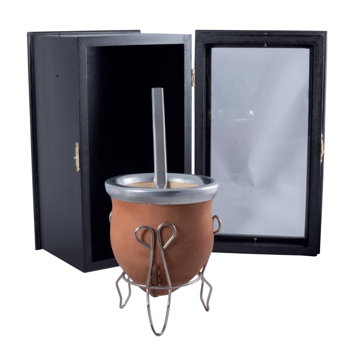 Mate De Vuelo De Calabaza Recubierto en Cuero Vaqueta (MAT696) Bombilla Acero Inox Chata (BOM230) Con Caja Fina - Imagen 3