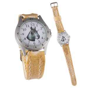 Reloj malla entera de cuero crudo con tejido de borde para dama