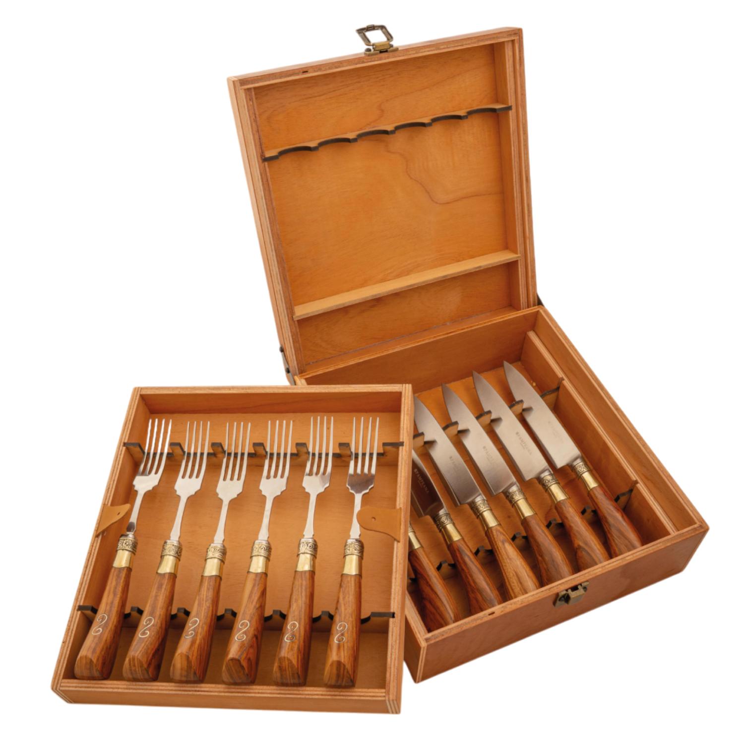 Juego De Cubiertos Linea Fina Madera Puntera De Alpaca Con Iserto Fino 12 Piezas En Caja De Madera 2 Pisos Cedro Lustrado, Pampeana - Imagen 3