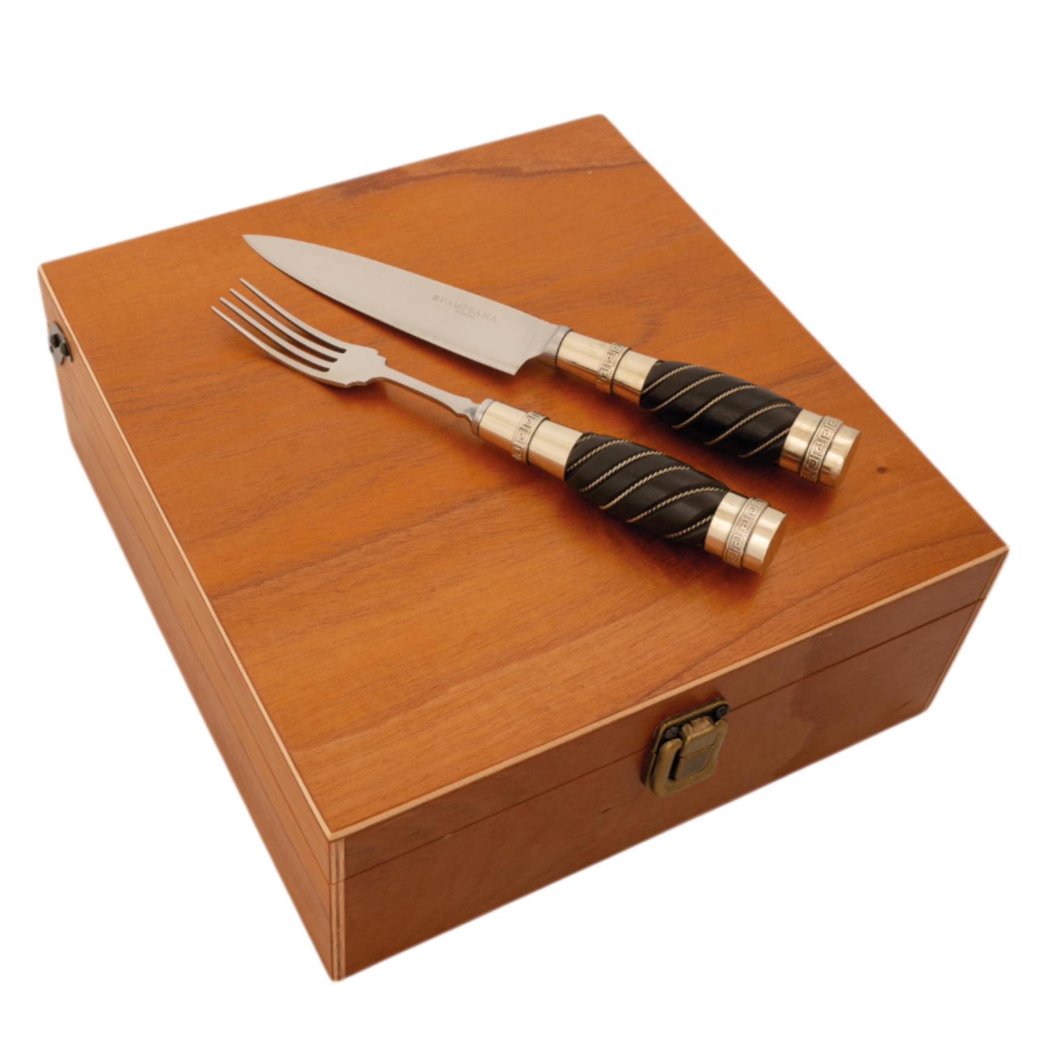 Juego De Cubiertos Linea Fina Madera, Alpaca Y Alambre Fino 12 Piezas En Caja De Madera 2 Pisos Cedro Lustrado, Pampeana