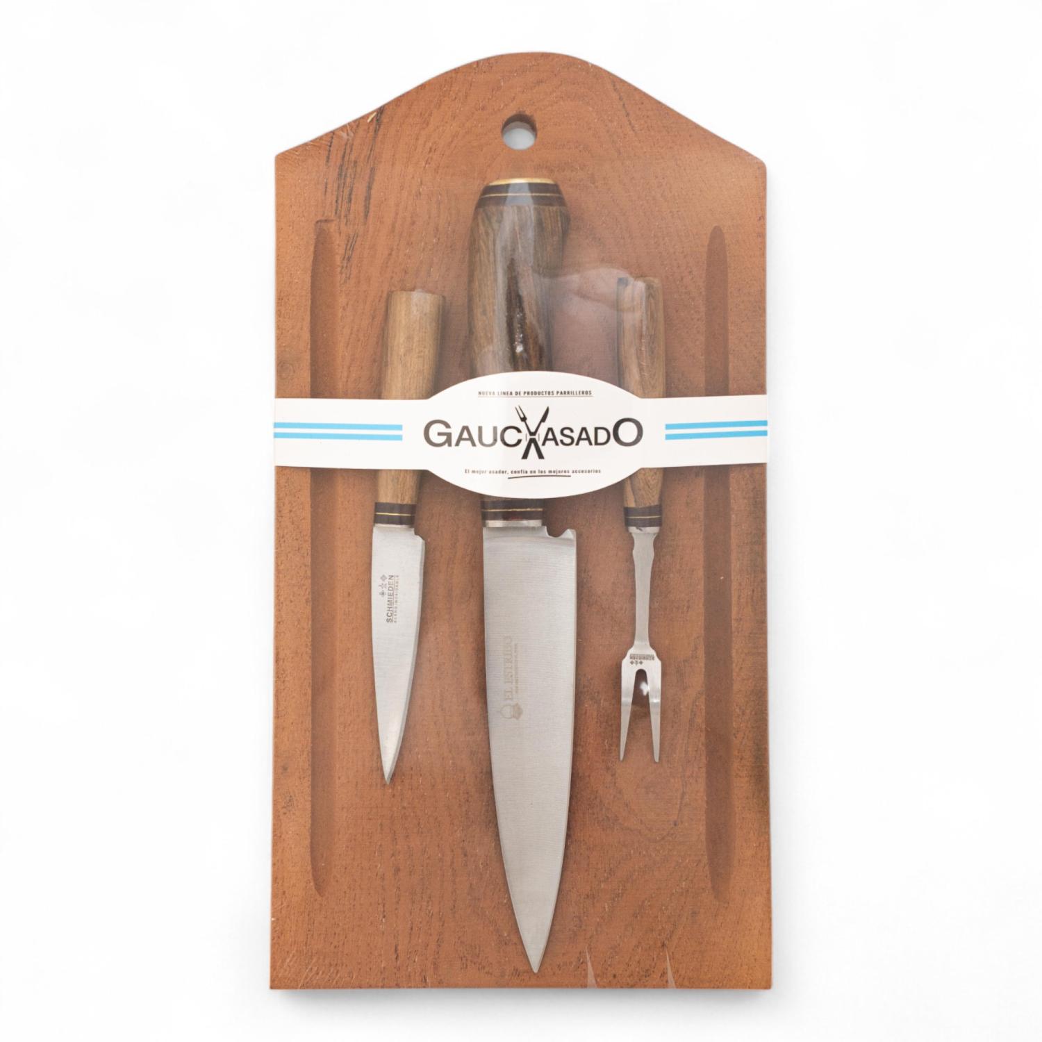 Kit De Tabla y Juego De Cuchillos Cabo Madera Gauchasado