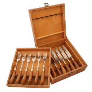 Juego De Cubiertos Linea Fina Madera Puntera De Alpaca Con Iserto Fino 12 Piezas En Caja De Madera  2 Pisos Cedro Lustrado, Pampeana