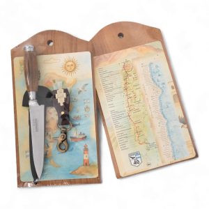 Juego de Cuchillo 14 cm Marca Schmieden Madera y virolas,Llavero de cuero Y tabla Madera  en Blister