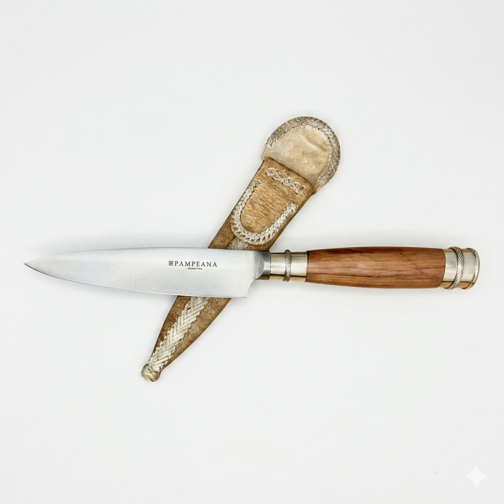 Cuchillo Madera Y Alpaca 2 Virolas Soaje Pampeana, Vaina De Cuero Crudo Fina - Imagen 2