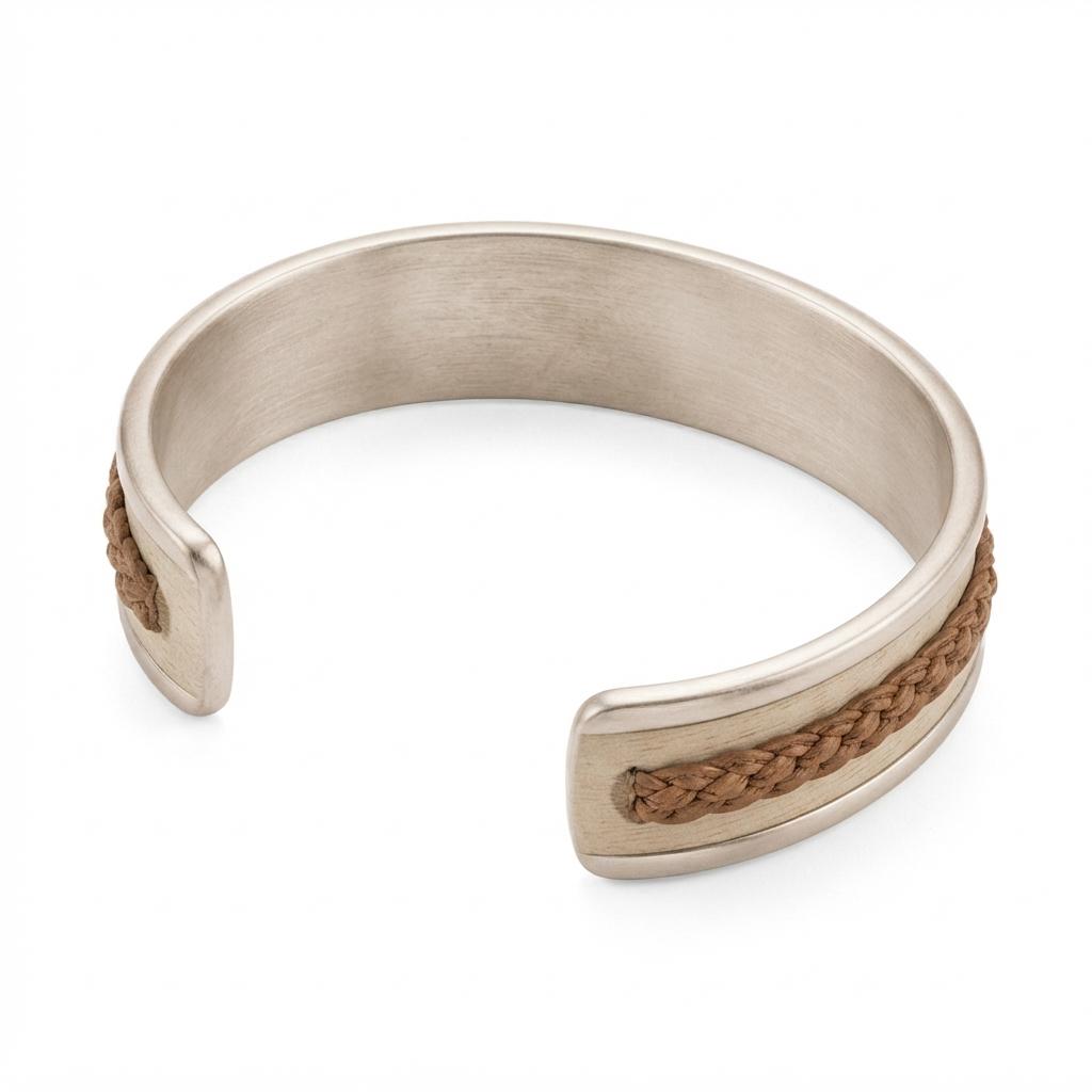 Pulsera Delgada De Alpaca Y Cuero Crudo Con Doble Tira - Imagen 3
