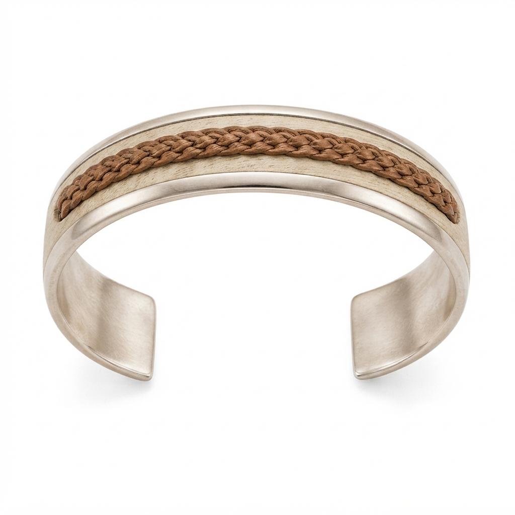 Pulsera Delgada De Alpaca Y Cuero Crudo Con Doble Tira - Imagen 2