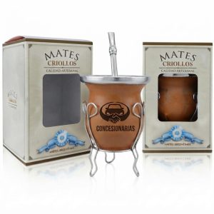 Mate De Calabaza Forrado Vaqueta Bombilla Acero Inox Plana Grabado C/Caja